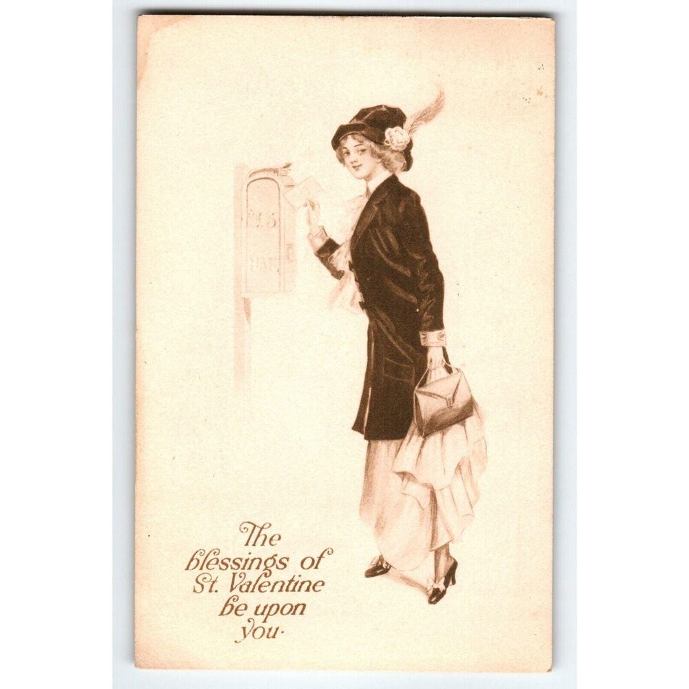 Gibson Girl Mails Letter In Mailbox Postcard Valentine Greetings 1916 Sepia